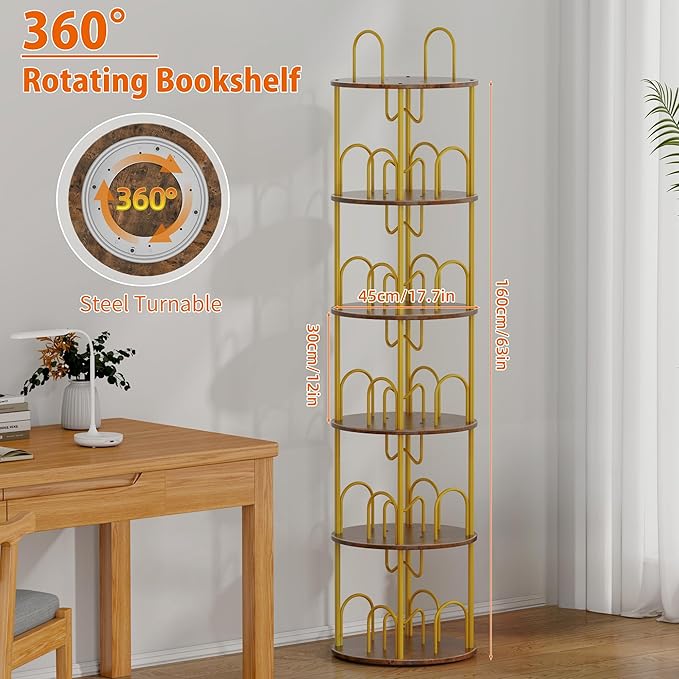 5 Tier Rotating Bookshelf, 360° Spinning Bookshelf Tower, Round Narrow Space Saving for Books and Display, Revolving Bookcase Corner Tall Book Shelf for Small Spaces, Bedroom, Living Room, Gold