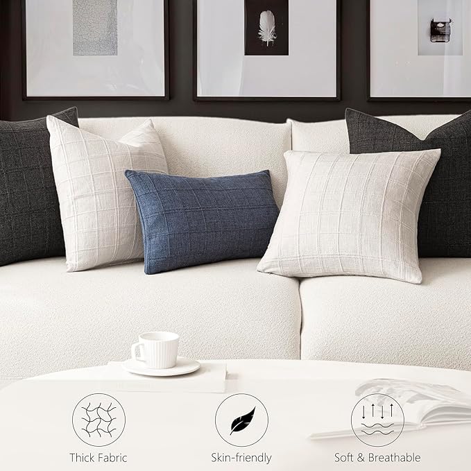 Foindtower Set of 2 Decorative Linen Check Throw Pillow Covers Neutral Farmhouse Vintage Cushion Covers Modern Boho Home Decor for Sofa Chair Couch Bedroom Living Room Outdoor,22×22 Inch,Cream White