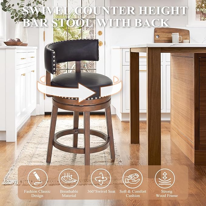 COLAMY Swivel Bar Stools Set of 2, Swivel Counter Height Barstools, 25 Inch Upholstered Barstools for Kitchen Island Dining Room Bar, Dark Brown