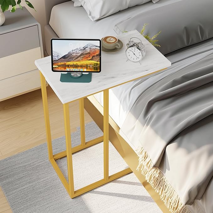VECELO C Shaped End Side Table for Sofa Couch and Bed Snack TV Tray for Living Room Bedroom, 1 Set, Gold