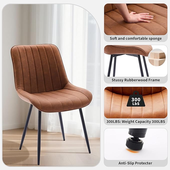 Dining Chairs Set of 2, Upholstered PU Leather Kitchen & Dining Chairs with Whale Backrest,Chair with Padded Seat and Metal Legs for Restaurant/Cafe