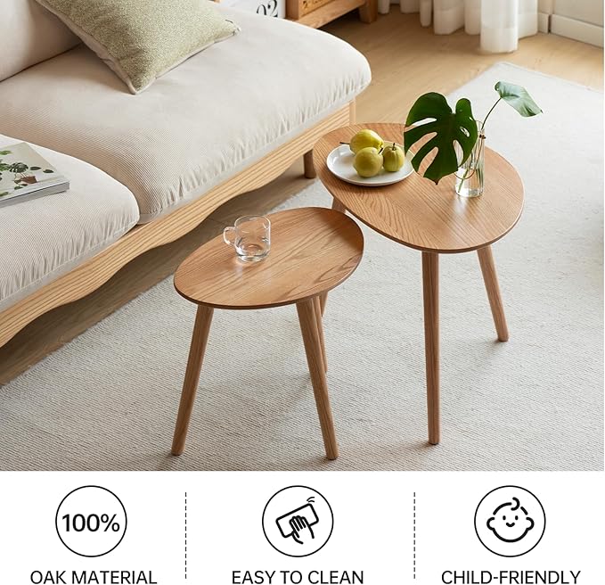 Small Oval Coffee Table, 19.7" Mid Century Modern End Table for Living Room, 100% Solid Oak Wood Center Table, Side Table (Original Wood Color, 19.68" Wx13.38 Dx17.71 H)
