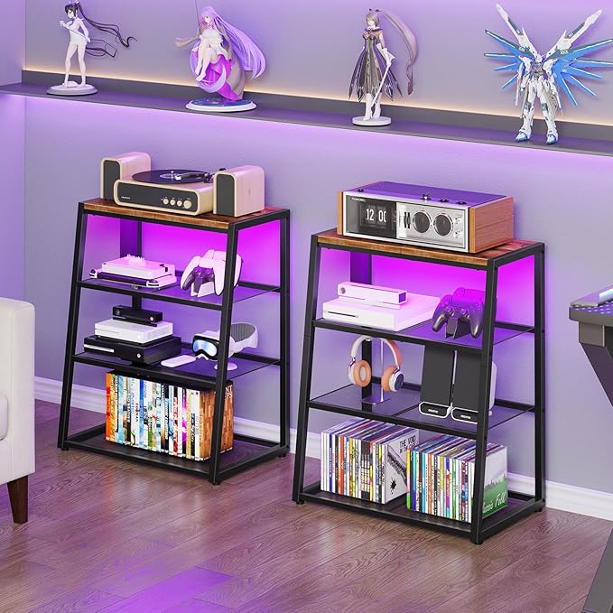 HOOBRO 4-Tier AV Media Stand with Charging Station and LED Light, Wooden Stereo Cabinet, Corner TV Stand, Rack Audio Tower, Corner Entertainment Center, Rustic Brown and Black BF107UDCJ01