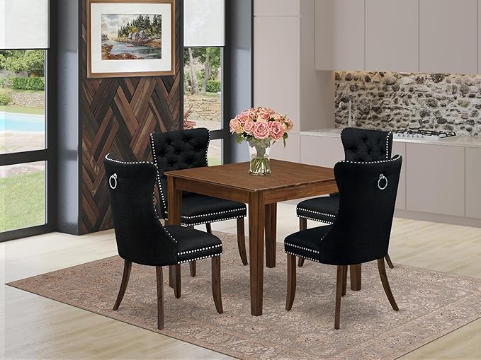 East West Furniture OXDA5-AWA-24 5 Piece Dining Table Set Consists of a Square Modern Kitchen Table and 4 Polyester Fabric Upholstered Parson Chairs, 36x36 Inch, Antique Walnut