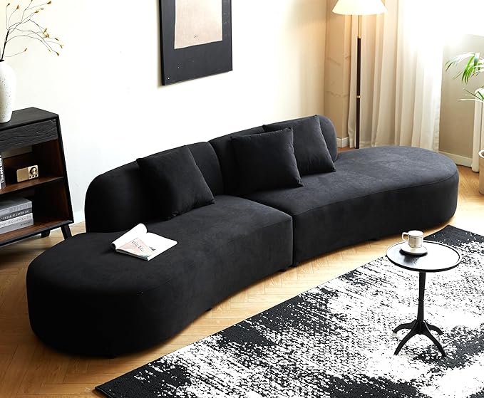 Container Furniture Direct 132" Curved Sofa with Throw Pillows, 6 Seater Luxury Velvet Couch with Half Moon Design and High-Density Foam, Ideal for Modern Living Room, Office & Apartment, Black