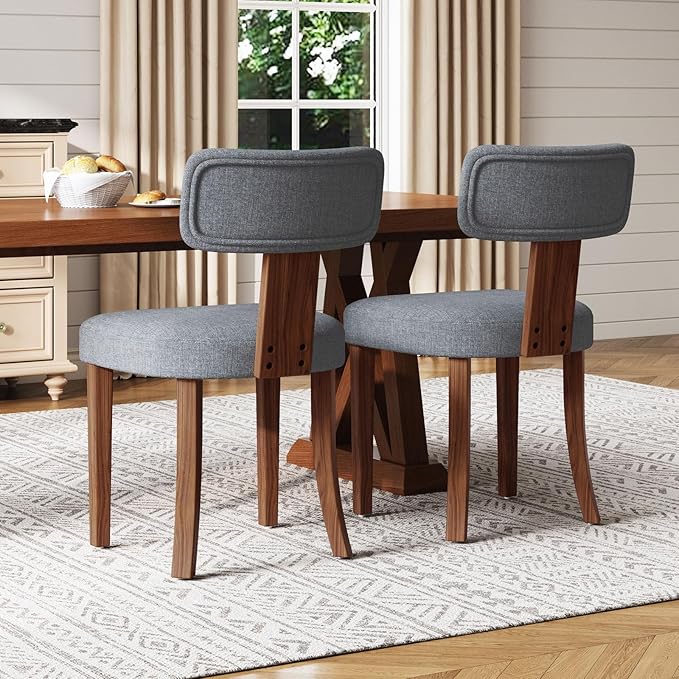 Mid Century Modern Dining Chairs Set of 2, Linen Upholstered Kitchen Chairs with Curved Backrest & Adjustable Legs for Living Room/Bedroom/Lounge, Easy to Install, Grey Linen