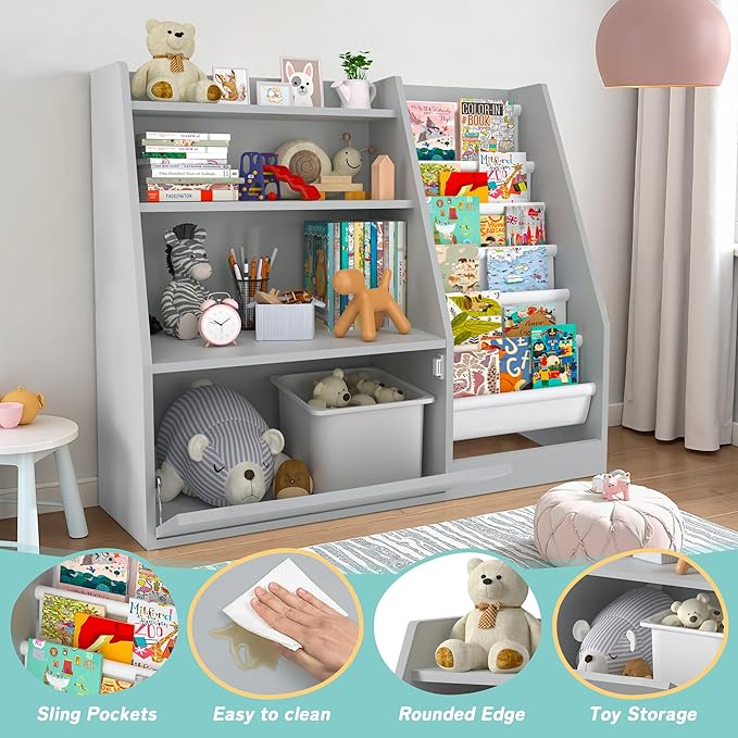 TOETOL Kids Bookshelf & Book Storage,3 Tier Wooden Toddler Bookshelf for Children,Nursery Book Shelves with 6 Sling,Organizer & Book Shelf for Kids Rooms,Bedroom,Playroom Gary