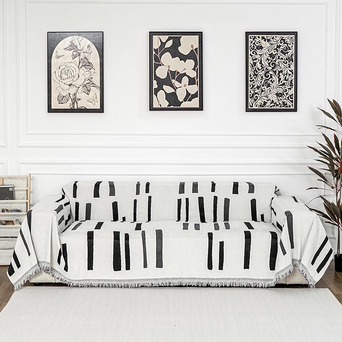 MYSKY HOME Sofa Covers for Sectional Sofa, Couch Cover for Dogs, Couch Covers with Tassel Loveseat Covers Futon Cover L Shaped Cover Washable Chenille Couch Protector, 71" x 118", Black Piano Key