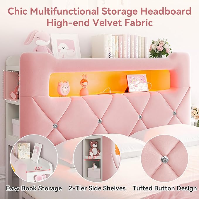 Full Upholstered LED Bed Frame with 2 Storage Drawers and 2-Tier Storage Headboard, Velvet Princess Platform Bed with Charging Station & Bookcase, Corner Bed Frame, Heavy Duty Metal Support, Pink