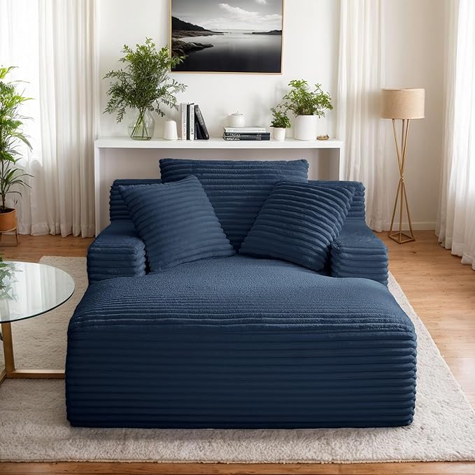 Oversized Chaise Daybed Lounge Sleeper Chair Sofa Bed Indoor, Fluffy Corduroy Upholstered Sleeper Recliner Sofabed Full Foam Boneless Cloud Sofabed W/3 Pillows for Home/Apartment Living Room Bedroom