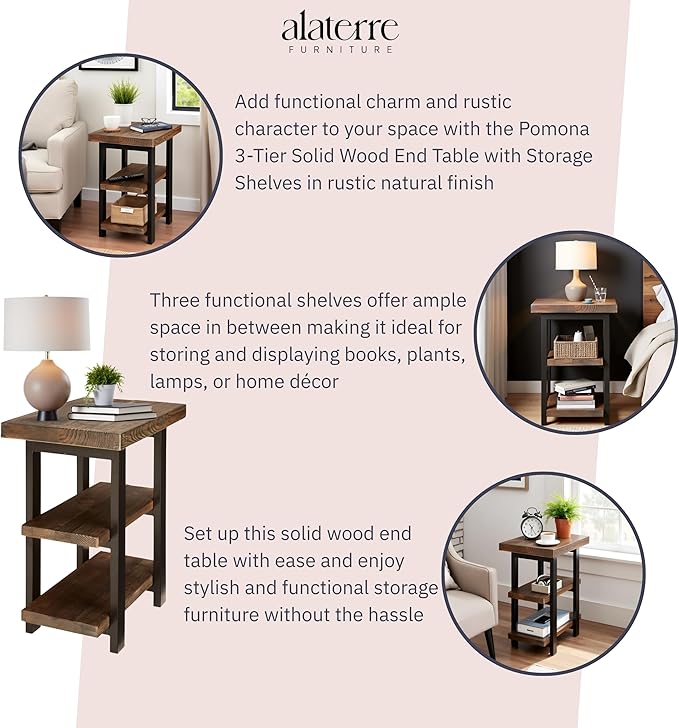 Pomona 3-Tier Solid Wood End Table with Storage Shelves – Rustic Industrial Space-Saving Side Table or Nightstand for Living Room, Bedroom, or Entryway by Alaterre Furniture