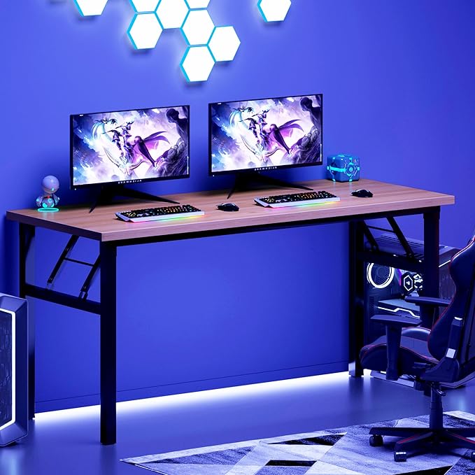 DlandHome Large Computer Desk, Folding Desk, Decent and Steady Home Office Desk/Workstation/Table 54.3inch Teak Black