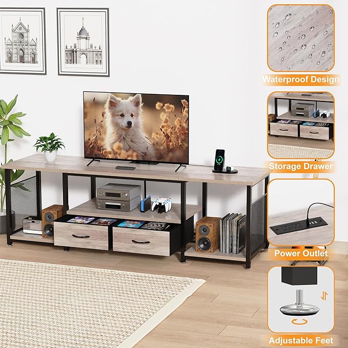 TV Stand with Drawers and Power Outlets for 75 70 65 Inch TV, Entertainment Center with Open Storage Shelves, Media Industrial TV Console Table for Living Room Bedroom Office, Greige