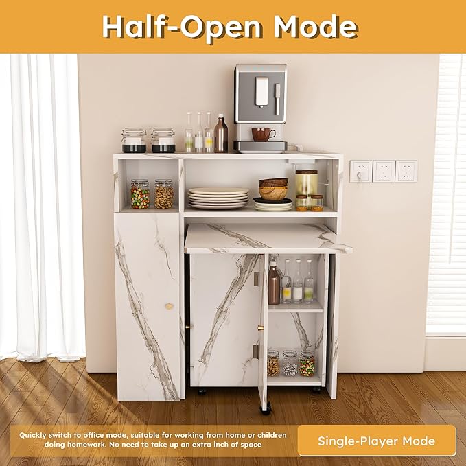 Ball & Cast Multifunctional Folding Dining Table with Wall-Mounted Sideboard & Storage,Wood Kitchen Island w/Four-in-one Socket and Silent Wheels,Space-Saving,Easy to Assemble,for Dining Room,White