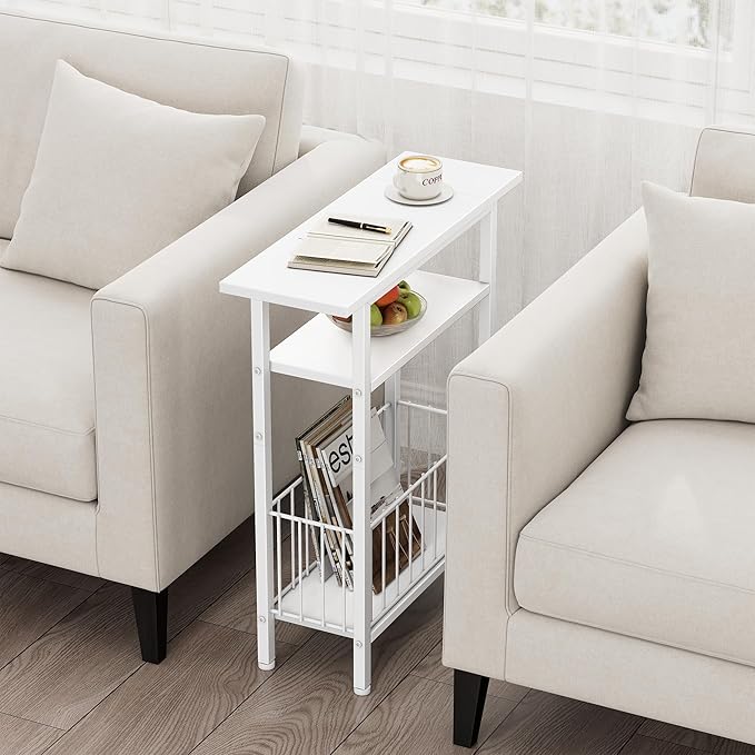 Vagusicc Narrow Side Table, Skinny Side Table for Couch, 3-Tier Small End Table for Small Spaces, Bed Side Tables with Storage, 25.2" Tall Slim Nightstand Bedside table for Living Room, Bedroom, White