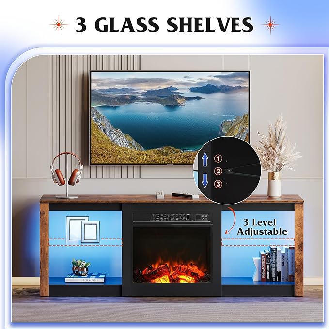 WLIVE 58 Inches Fireplace TV Stand with LED Lights, Modern Entertainment Center with 18'' Electric Fireplace & Adjustable Glass Shelves, Sturdy Media Console for Living Room, Bedroom,Gaming (Brown)