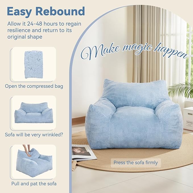INMOZATA Bean Bag Chair for Adults, 3FT Beanbag Chairs with Ottoman Pre-Filled Fluffy Lazy Chair Corded Fabric Accent Chair for Bedroom Living Room Dorm (Light Blue)