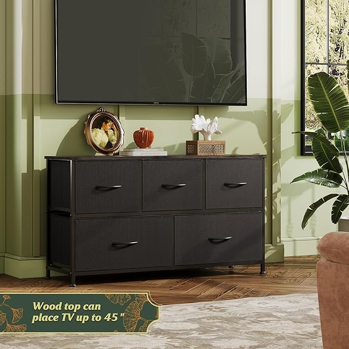 WLIVE Dresser for Bedroom with 5 Drawers, Wide Chest of Drawers, Fabric Dresser, Storage Organizer Unit with Fabric Bins for Closet, Living Room, Hallway, Charcoal Black