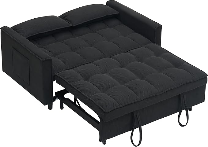 Ball & Cast 54" Convertible Sleeper Sofa Bed,Convertible Pull Out Couch with 2 Pillows,Adjustable Backrest & Side Pocket,Loveseat Futon Sofa Bed for Living Room,Apartment,Corduroy Fabric,Black