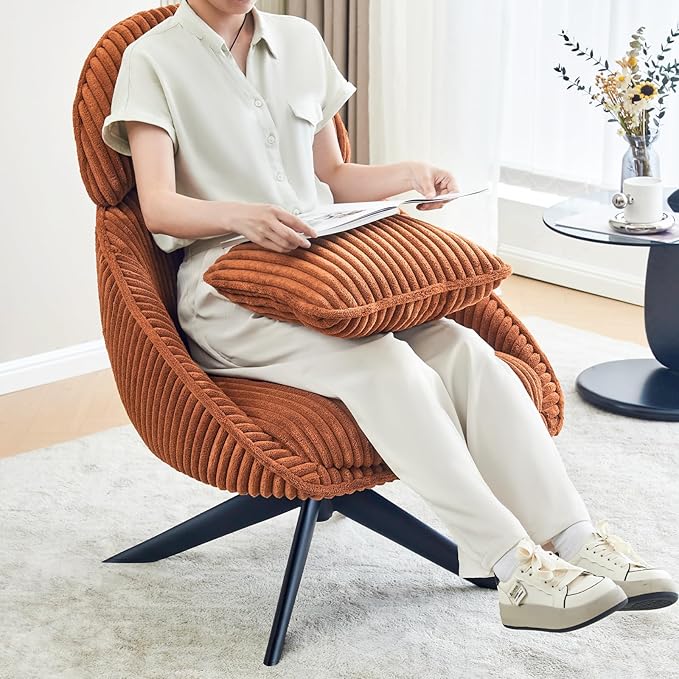 Furniliving Large Swivel Accent Chair Modern Arm Chair Sofa Chair with Pillow Living Room Chair Bedroom Chair with Headrest Comfy Desk Chair Upholstered Chairs for Rest Room, Corduroy, Orange