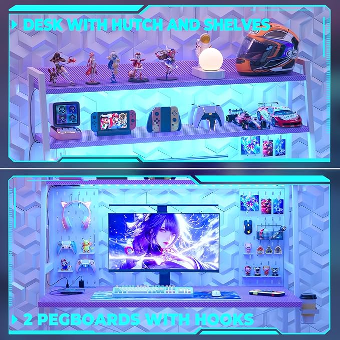 Gaming Desk with Hutch and LED Lights, Gaming Computer Desk with Power Outlets, Gamer Desk with Storage Shelves & Pegboards for Bedroom, Carbon Fiber Purple, 43"