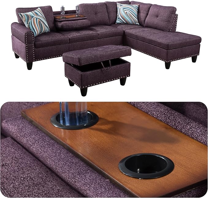 Modern Living Room Furniture Sets with Cup Holder, Modular Sectional Couches with Chaise Lounge, 4-Seaters L Shape Sofa with Storage Ottoman, for Living Room, Apartment, Purple