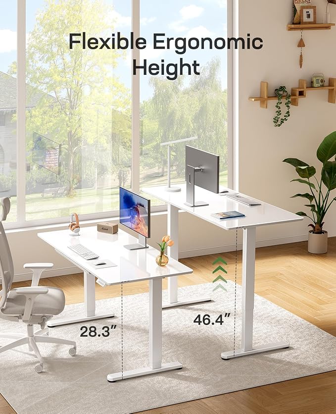 Marsail Glass Electric Standing Desk with Drawer, 48 x 24 Inches Height-Adjustable Desk, One-Piece Tempered Glass Top, Ergonomic Home Office Sit Stand Desk with 4 Preset Heights, White