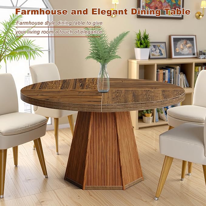 Round Dining Table for 4, 47 Inch Dinner Table Square Farmhouse Kitchen Tables with Sturdy Wooden Pedestal Base for Dining Room, Kitchen, Living Room, Dark Brown