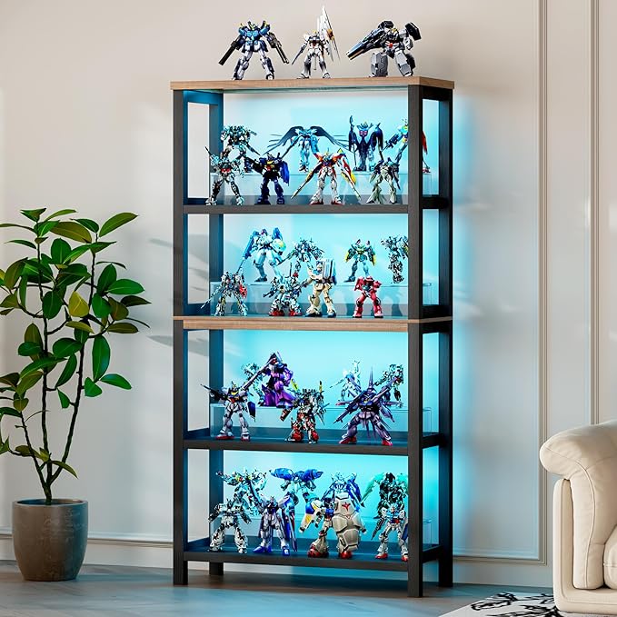 Vlsrka 5 Tier Wooden Bookshelf with Lights, 65" Tall Open Bookcase Storage Rack, Modern Bookshelf with Storage, Free Standing Display Book Shelves for Living Room, Home Office, Black
