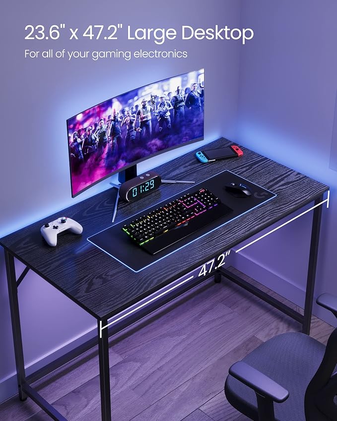 VASAGLE Computer Desk, Gaming Desk, Home Office Desk, for Small Spaces, 23.6 x 47.2 x 29.9 Inches, Industrial Style, Metal Frame, Black with Wood Grain ULWD039B56