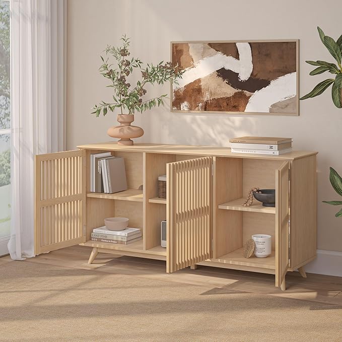 Plank+Beam Mid-Century Modern Wood TV Stand, Three Door Solid Wood Entertainment Console with Storage, 59" L x 16" W x 30" H, Blonde