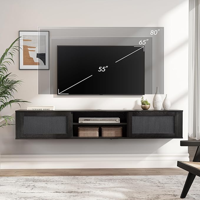 WAMPAT 70" Floating TV Stand with Power Outlet, 2-Tier Wood Media Console Entertainment Center with 2 Rattan Doors, Modern Wall Mounted TV Shelf Cabinet for Under TV, Living Room, Bedroom, Black