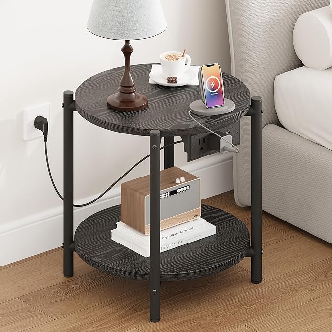 LIKIMIO Small Round End Tables Set of 2 with Charging Station, 2-Tier Wooden Side Tables, 15.8" W Modern Nightstands for Small Spaces, Living Room, Bedroom, Black