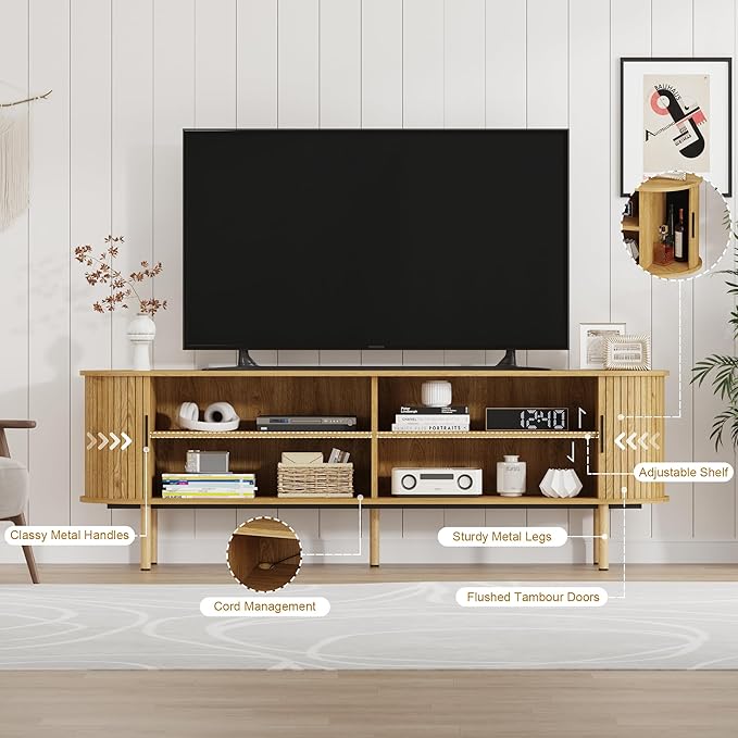 GarveeHome 70.1" TV Stand, Modern TV Console Table with Storage Compartment and Sliding Door, Gaming Entertainment Center with Cabinet for Living Room, Bedroom, Office, Oak
