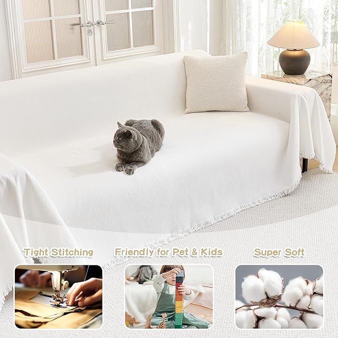MYSKY HOME Oversized Sofa Cover for 3 Cushion L Shaped Sectional Couch, Pet Friendly Non Slip Furniture Protector for Kids, Dogs, 91"x150", White