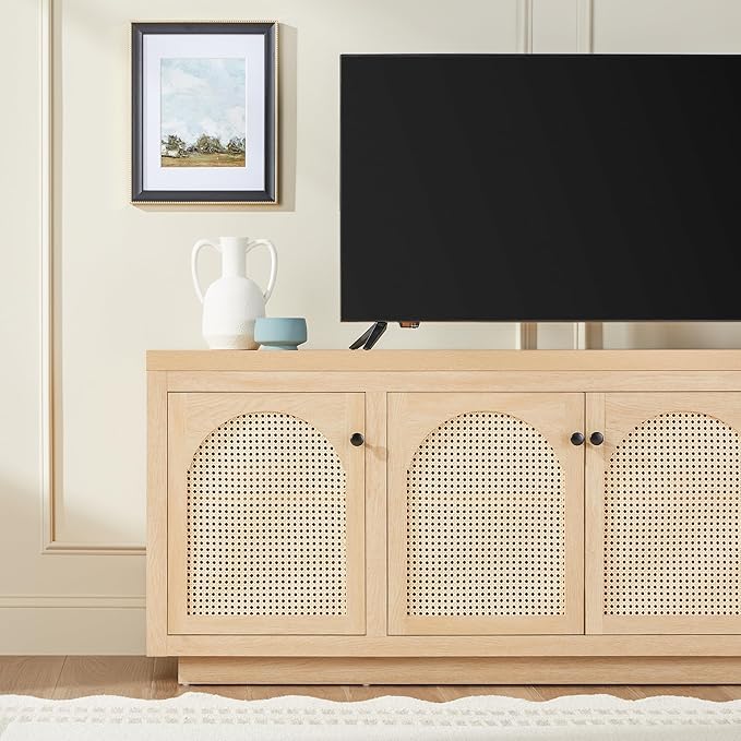 Walker Edison Sasha 4-Door Sideboard Buffet with Arched Rattan Panels, 70 Inch, Coastal Oak