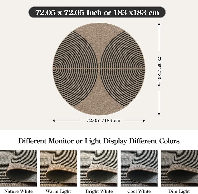 Lahome Modern Rainbow Round Rug, 6ft Easy Jute Circle Patio Rug Washable Indoor Outdoor Living Room Carpet, Farmhouse Natural Contemporary Round Carpet for Entryway Backyard