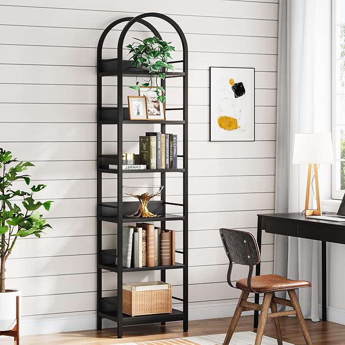 LITTLE TREE 6-Tier Open Bookshelf, 78.7" Tall Arched Bookcase, Black Wooden Bookshelf with Metal Frame, Freestanding Narrow Bookcase Display Shelves for Living Room, Bedroom, Office