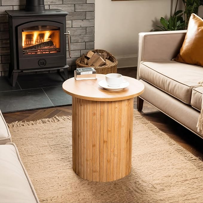Handcrafted Round Fluted Pedestal End Table with Natural Wood Grain & Bamboo Base – Round Side Table, Coffee Table, Drink Table, Bedside Table for Bedroom, Living Room - 15.7” x 17.8” x 12”