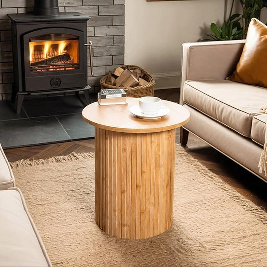 Handcrafted Round Fluted Pedestal End Table with Natural Wood Grain & Bamboo Base – Round Side Table, Coffee Table, Drink Table, Bedside Table for Bedroom, Living Room - 15.7” x 17.8” x 12”