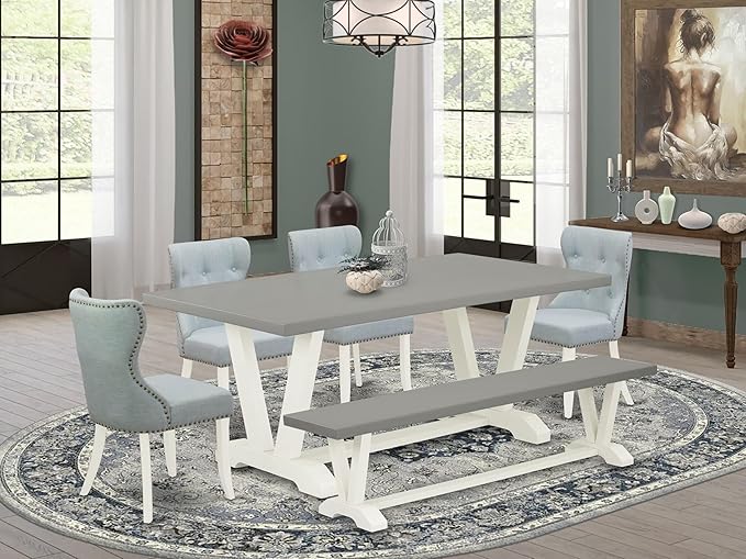 East West Furniture V097SI215-6 6 Piece Dining Room Table Set Contains a Rectangle Kitchen Table with V-Legs and 4 Baby Blue Linen Fabric Parson Chairs with a Bench, 40x72 Inch, Multi-Color