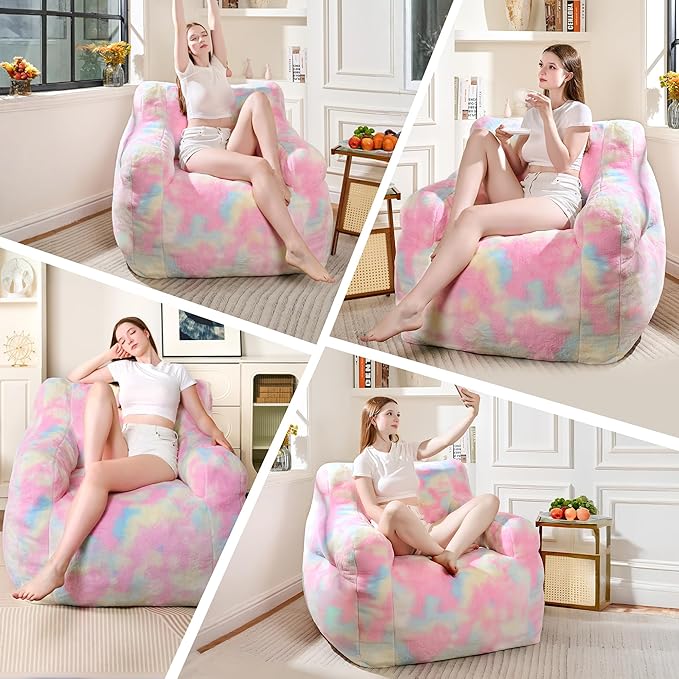 Large Bean Bag Chairs for Adults & Kids, 3FT Memory Foam Bean Bags with Filler, Ultra Soft Faux Fur Fabric - Fluffy Bean Bag Chair for Living Room Bedroom College Dorm (Colorful)