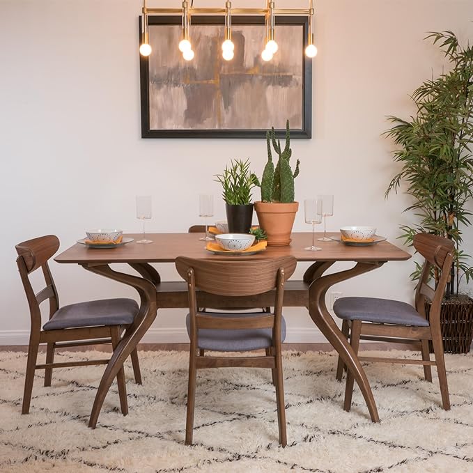Christopher Knight Home Idalia Curved Leg Rectangular Dining Set, 5-Pcs Set, Natural Walnut / Dark Grey
