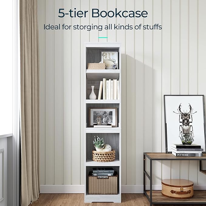 LINSY HOME 5-Shelf Bookcase, Narrow Bookshelves Floor Standing Display Storage Shelves 68 in Tall Bookcase Home Decor Furniture for Home Office, Living Room, Bed Room - White Oak