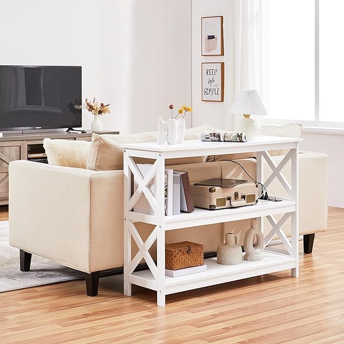 Yaheetech Entryway Table with Storage Shelves, Console Table with Power Outlets and USB Ports, Wood Narrow Sofa Tables with X-Shaped Design for Living Room/Hallway/Couch, White