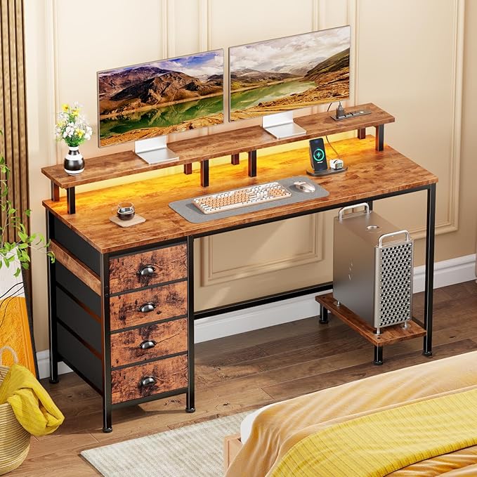 Furologee 47" Computer Desk with 4 Fabric Drawers & Monitor Stand, Gaming Desk with Power Outlets - LED Lights, Home Office Space-Saving Study Table for Bedroom Small Spaces (Rustic Brown)
