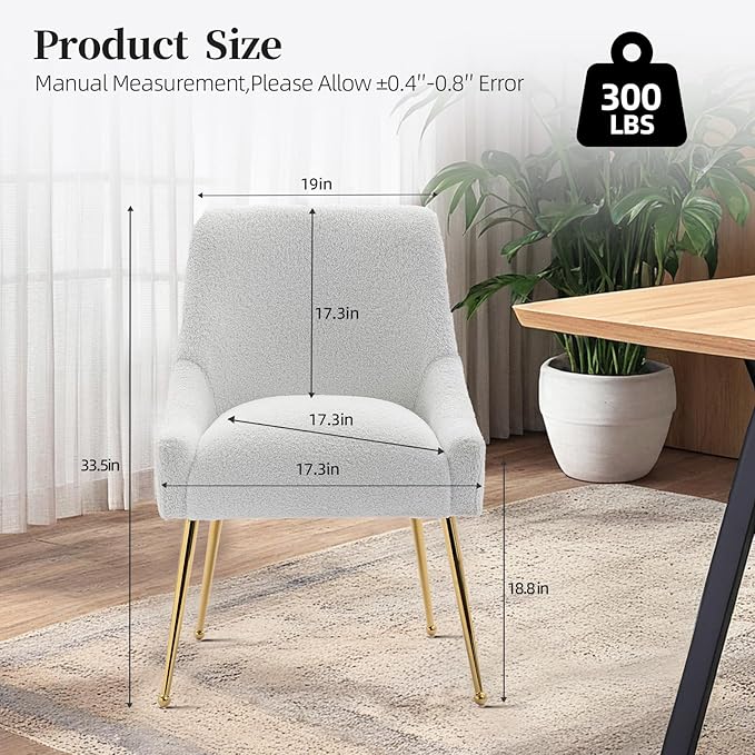 Modern Velvet Dining Chairs Set of 2, Contemporary Upholstered Furniture Collection with Polished Gold Metal Legs, Elegant Accent Chairs for Kitchen Living Room(Teddy Fleece,White)