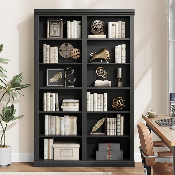 74.5" Tall Bookshelf with Double Storage, Extra Large Bookshelf, 6-Tier Double Wide Bookshelves w/ 12 Cubbies, Wide Freestanding Bookcases for Livingroom Office Library (Black)