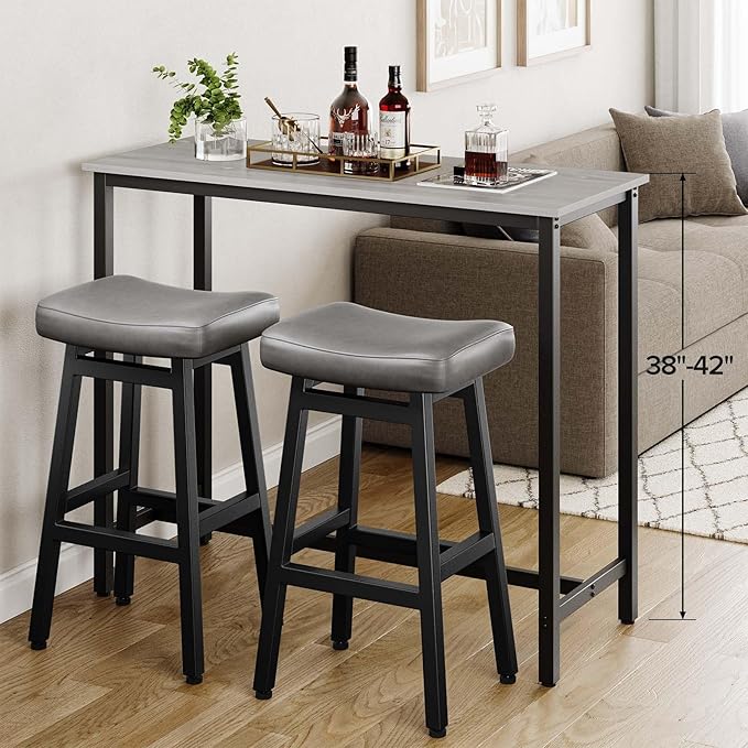 29 Inches Bar Stools Set of 2, Bar Height Barstools for Home Counter, Blackless Barstool with Bonded Leather Saddle Seats & Heavy Duty Metal Legs, Easy Assembly, Brown/Black