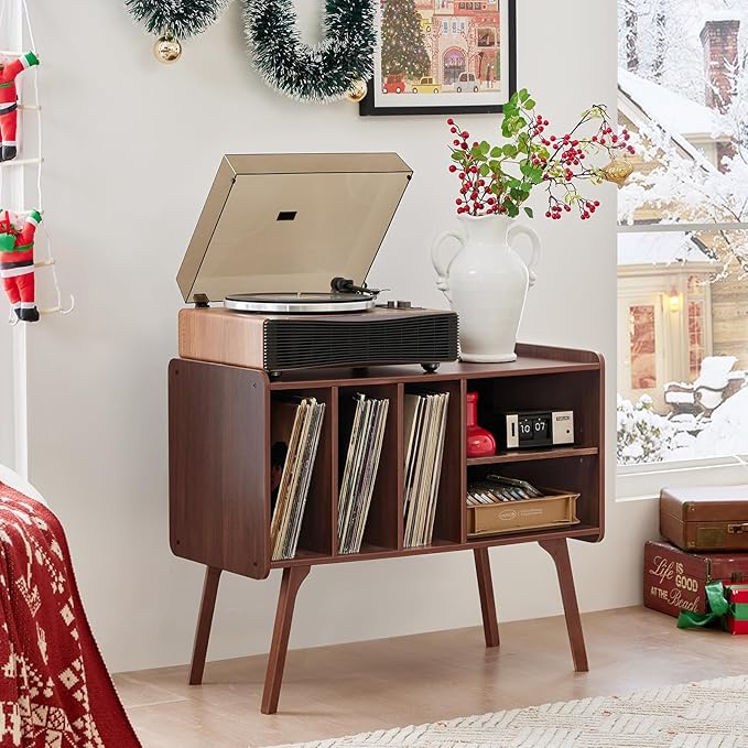 Lerliuo Record Player Stand with 4 Cabinet Holds Up to 220 Albums, Large Turntable Stand with Beech Wood Legs, Mid-Century Record Player Table,Walnut Vinyl Holder Storage Shelf for Bedroom Living Room
